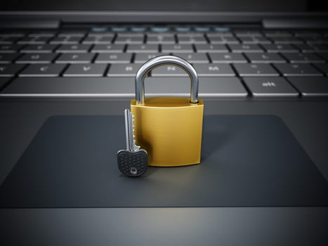 Padlock and key standing on laptop computer. 3D illustration.