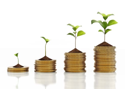 Green sprouts on rising gold coin stacks. 3D illustration.