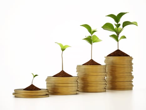 Green sprouts on rising gold coin stacks. 3D illustration.