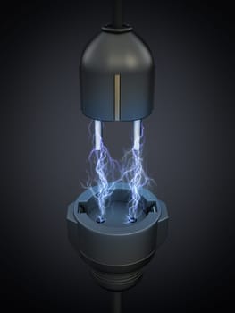 Lightnings between electric plug and power socket. Electrical energy concept. 3D illustration.