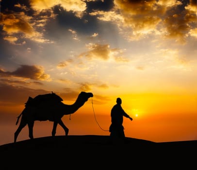 Rajasthan travel background - indian cameleer camel driver with camel silhouette in dunes of Thar desert on sunset. Jaisalmer, Rajasthan, India
