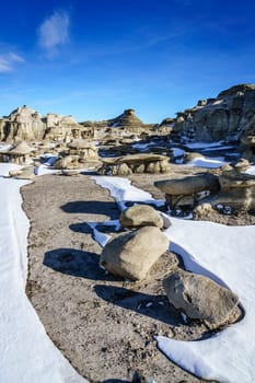 Scenic view of Bisti De-Na-Zin Wilderness area in New Mexico in winter
