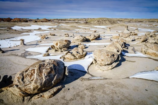 Scenic view of Bisti De-Na-Zin Wilderness area in New Mexico in winter