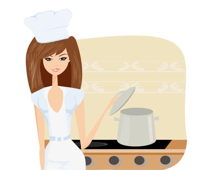 Beautiful lady cooking soup in the kitchen