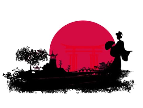 abstract Asian Landscape with geisha silhouette card
