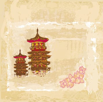 old paper with Japanese temple on abstract Asian Landscape