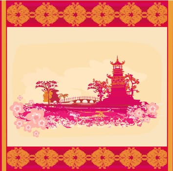 old paper with Japanese temple on abstract Asian Landscape