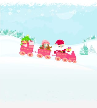Santa Claus with little happy girl Christmas Train on winter landscape