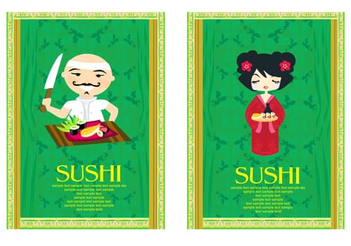 template of traditional Japanese food menu with chef and Asian girl