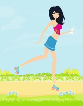 teen girl having fun on roller skates in park