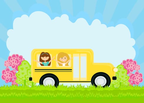 school bus heading to school with happy children