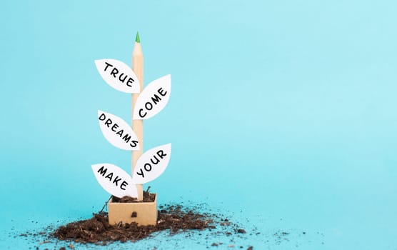 The phrase make your dreams come true is standing on the leaves of the plant, futuristic vision, positive mindset, motivation and coaching concept, follow your idea