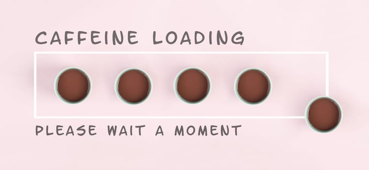 Cup of coffee progress bar, caffeine loading, wake up in the morning, hot drink for breakfast,taking a break from work, more power for producticity with energy