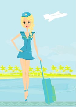 Beautiful stewardess with baggage on airport