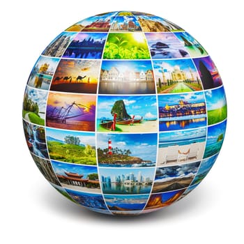Global travel media world globe concept - picture sphere with travel images isolated on white. All photos are from my portfolio.