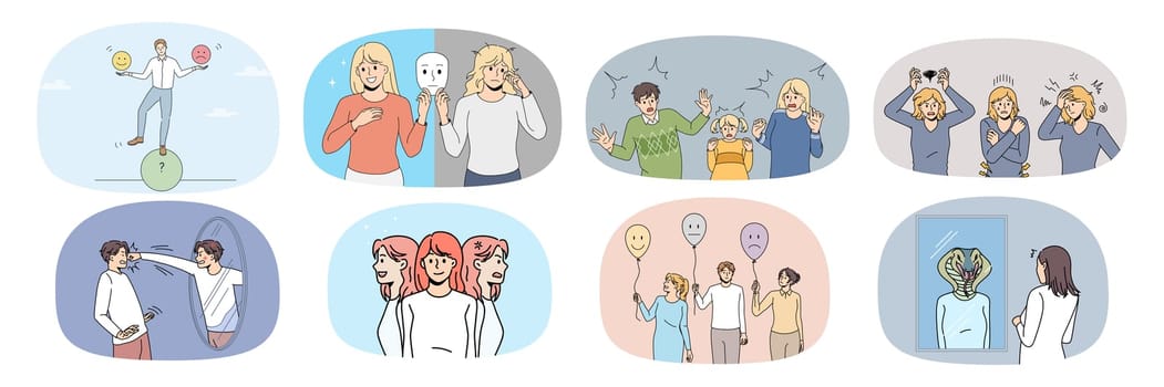 Collection of unhealthy people feel stressed have schizophrenia or mental psychological problems. Set of distressed men and women suffer from bipolar or personality disorder. Vector illustration.