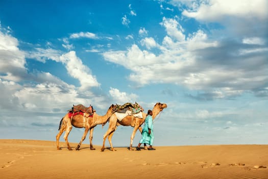 Rajasthan travel background - Indian cameleer (camel driver) with camels in dunes of Thar desert. Jaisalmer, Rajasthan, India