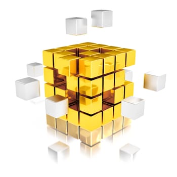 Teamwork concept - metal cubes assembling into gold one