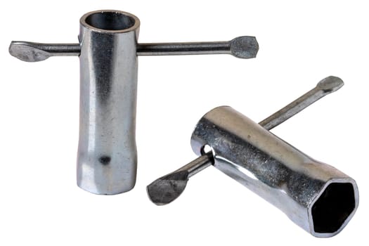 Craftsman tools isolated. Close-up of a hexagonal metal socket spanner for tightening or loosening screws in two views isolated on white background. Clipping path. Macro