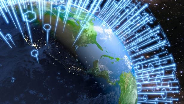 Global telecommunication network of communication and internet around the planet Earth. 3D render. Elements of this image furnished by NASA.