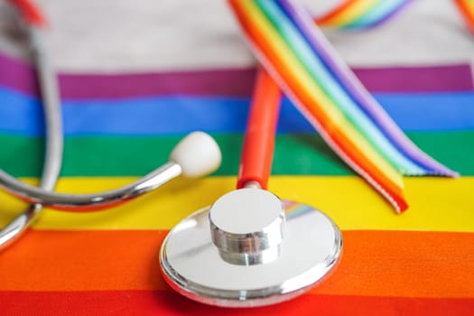 LGBT symbol, Stethoscope with rainbow ribbon, rights and gender equality, LGBT Pride Month in June.