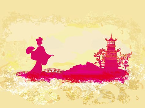 old paper with geisha silhouette on abstract Asian Landscape