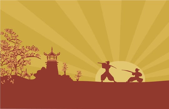 old paper with Samurai silhouette on abstract Asian landscape