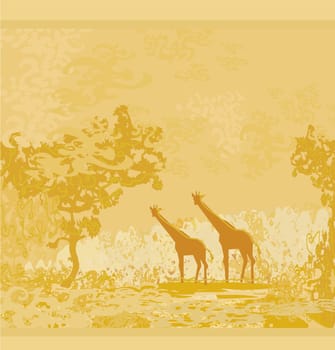 grunge background with giraffe silhouette on abstract African fauna and flora