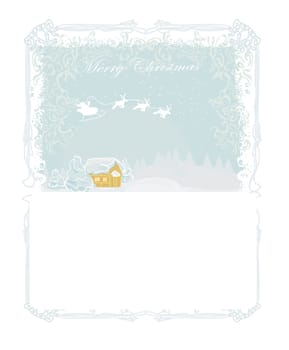 Happy New year card with Santa and winter landscape