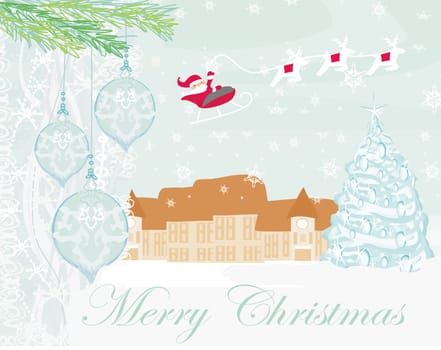 Happy New year card with Santa and winter landscape