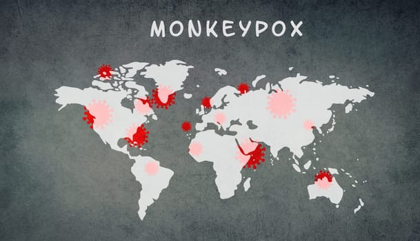 World map, monkeypox is standing on the textured background, outbreak of the MPXV virus, infectious disease spreading, pandemic