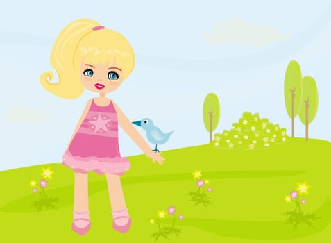 Sweet Spring - happy little girl with bird on her hand in the park