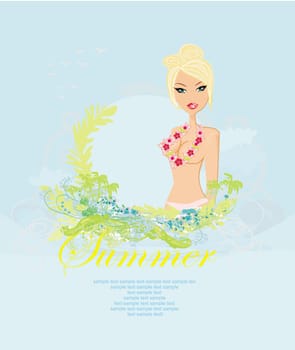 Grunge banner with palm trees and sexy girl poster