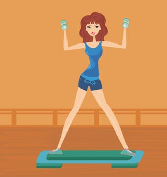 Fitness woman exercising with two dumbbell weights on her hands