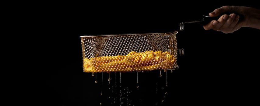 Crop unrecognizable chef holding metal deep fryer basket with French fries and dripping oil against black background