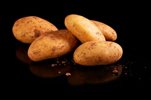 Heap of uncooked unpeeled whole potatoes for French fries placed on messy surface with mud against black background in light studio