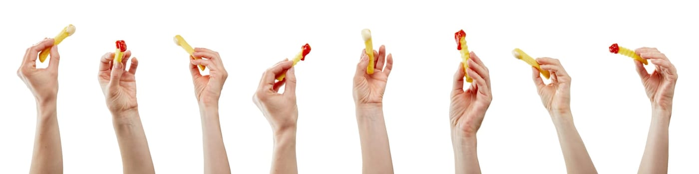 Hands holding various chips, pommes, or french fries on isolated white background as construction material for bbq or fast food shop advertising