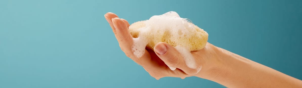 Hand of anonymous person showing a small sponge on blue background for wellness and skin care concepts with blue background