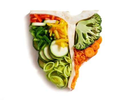 Vegan steak symbol for eating less meat and safe the future of the planet. Various vegetables on white background isolated for advertising and modern restaurants and healthy food articles.