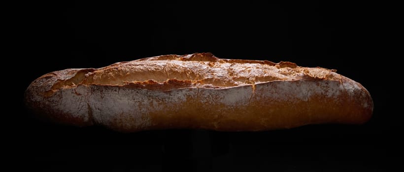 One freshly baked tasty brown baguette with crispy crust placed in darkness on black background in dark studio with dim light
