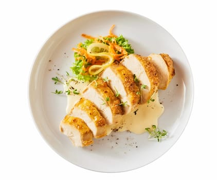Top view of ceramic plate with appetizing slices of chicken breast with fresh vegetables and herbs served on white isolated background