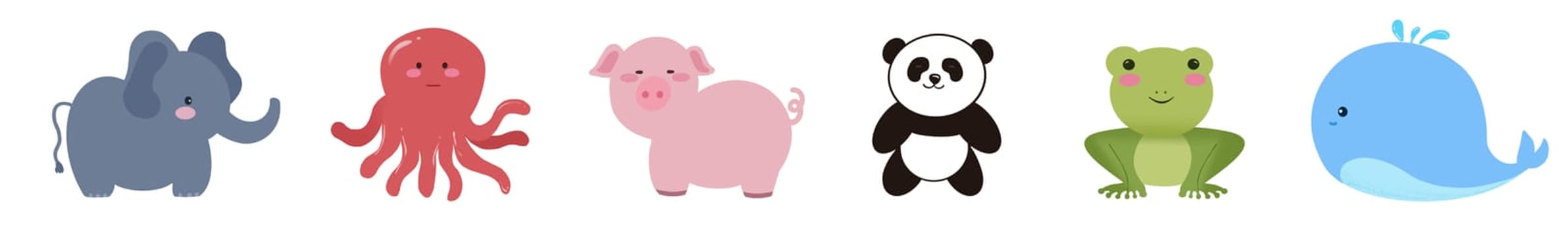 illustration of collection of assorted smiling animals placed in row on white isolated background