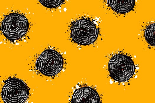 Full frame seamless pattern of sweet spiral liquorice candies on bright yellow background