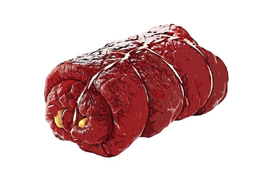 Picture of uncooked meat roll tied with thread for barbecue on white background