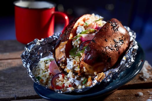 Tasty vegetarian grilled sweet potato served cooked with bulgur and vegetables in foil in ceramic bowl placed on wooden table at winter night