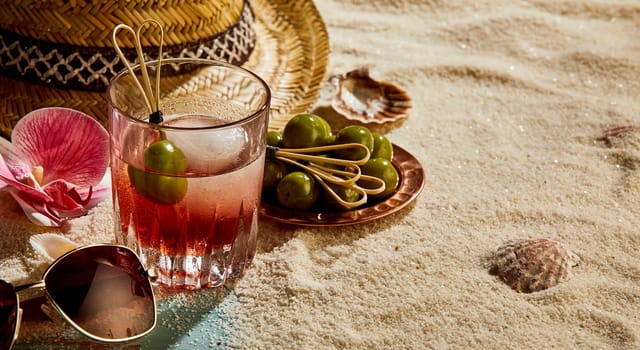 High angle of glass of refreshing drink with ice cube and olive near straw hat sunglasses on sandy beach in sunny resort