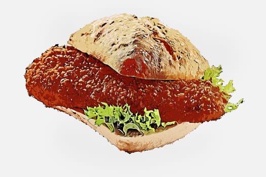 Picture of tasty baked bun with fried fish on lettuce leaf on white background