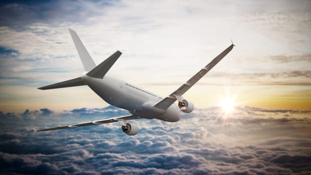 Commercial airplane in the sky flying above the clouds. 3D illustration.