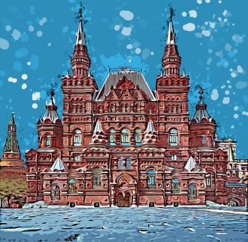Picture of old State Historical Museum with carved wall located on famous Russian landmark Red Square