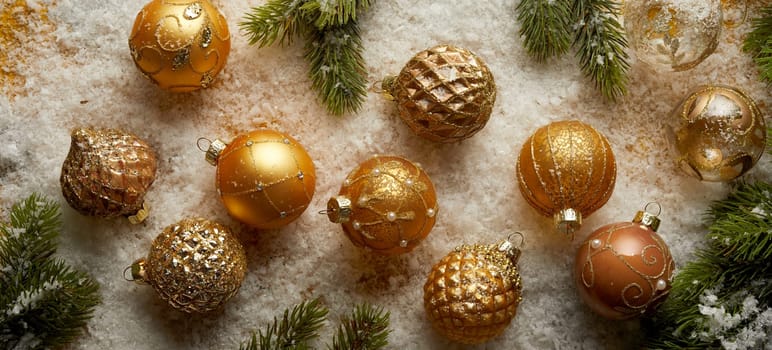 Top view of various shiny golden Christmas balls arranged with green branches of spruce on white background